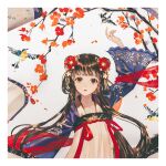  1girl arm_up bird black_hair branch brown_eyes brown_hair chinese_clothes double_bun flower hair_bun hair_flower hair_ornament hanfu long_hair long_sleeves looking_at_viewer original parted_lips qixiong_ruqun red_flower red_ribbon ribbon ruqun say_hana single_hair_bun solo tassel upper_body very_long_hair white_background wide_sleeves 