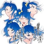  1girl aoi_tete artist_logo blue_eyes blue_hair closed_eyes closed_mouth commentary constricted_pupils cropped_torso cut_bangs expressions frown half-closed_eyes highres hirogaru_sky!_precure medium_hair multiple_views notice_lines open_mouth parted_lips precure side_ponytail simple_background single_sidelock smile sora_harewataru tearing_up white_background 