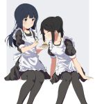  2girls absurdres apron arm_support black_dress black_hair black_thighhighs blue_hair closed_eyes closed_mouth commentary_request dress feet_out_of_frame grey_background hibike!_euphonium highres kasaki_nozomi liz_to_aoi_tori long_hair maid_apron multiple_girls ponytail puffy_short_sleeves puffy_sleeves red_eyes short_sleeves simple_background sitting soha_(sirohase) thigh-highs white_apron yoroizuka_mizore 