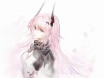  1girl arknights black_horns black_shirt cleavage_cutout closed_mouth clothing_cutout hair_between_eyes high_collar highres horns long_hair looking_ahead pink_eyes pink_hair shirt simple_background solo theresa_(arknights) unfinished upper_body white_background white_shirt wudifangshi 