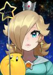  1girl blonde_hair blue_dress blue_eyes brooch character_name crown dancho_no_mori dress earrings eyelashes hair_over_one_eye holding holding_wand jewelry long_hair looking_at_viewer luma_(mario) parted_lips rosalina sky star_(sky) star_(symbol) star_brooch star_earrings starry_sky super_mario_bros. super_mario_galaxy upper_body wand 