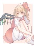  1girl absurdres ascot bat_wings blonde_hair crystal flandre_scarlet hat hat_ribbon highres mob_cap multicolored_wings one_side_up puffy_short_sleeves puffy_sleeves red_eyes red_skirt red_vest ribbon riripika_2525 short_sleeves side_ponytail sitting skirt skirt_set solo touhou vest white_hat wings yellow_ascot 