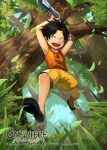  1boy aged_down arms_up black_hair child commentary_request copyright_name elbow_pads forest freckles grass holding incoming_attack leaf male_focus muraicchi_(momocchi) nature official_art one_piece one_piece_card_game open_mouth orange_tank_top portgas_d._ace shorts single_elbow_pad smile solo tank_top teeth upper_teeth_only yellow_shorts 