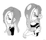  1girl 3: armor artist_name breastplate cephalopod_eyes closed_mouth collarbone dedf1sh earrings furrowed_brow hair_over_one_eye horizontal_pupils jewelry long_hair multiple_earrings multiple_views octoling plum0o0 signature simple_background splatoon_(series) suction_cups tentacle_hair turnaround white_background 