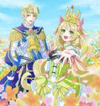  1boy 1girl alfred_(fire_emblem) ascot blonde_hair blue_cape bow brother_and_sister butterfly_hair_ornament cape celine_(fire_emblem) circlet cross-laced_clothes cross-laced_dress crown dress dress_bow facial_mark fire_emblem fire_emblem_engage green_eyes hair_ornament heart heart_facial_mark levin_sword meegon01 multicolored_hair orange_bow orange_gemstone orange_wristband prince princess siblings split-color_hair wrist_bow yellow_ascot yellow_dress 