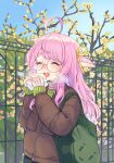  1girl ahoge animal_ears bag baozi branch closed_eyes day ear_ribbon fence food glasses highres holding holding_food jacket layered_clothes long_hair long_sleeves naname_(7name) open_mouth original outdoors pink_hair plant round_eyewear sky smile solo steam sweater thick_eyebrows tote_bag turtleneck 