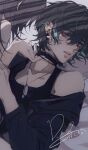 2girls absurdres bare_shoulders black_choker black_hair black_jacket black_tank_top blush chief_(path_to_nowhere) choker cinnabar_(path_to_nowhere) collarbone dated dog_tags doo58455 ear_piercing female_chief_(path_to_nowhere) girl_on_top half-closed_eyes highres holding_another&#039;s_wrist jacket multicolored_hair multiple_girls necklace_pull on_bed open_clothes open_jacket open_mouth path_to_nowhere piercing short_hair sideways_glance signature single_off_shoulder streaked_hair tank_top violet_eyes yuri 