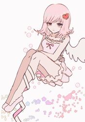  absurdres alternate_costume angel_wings arm_on_knee blunt_bangs closed_mouth commentary danganronpa_(series) danganronpa_2:_goodbye_despair dot_nose dress eyelashes flower frilled_dress frills gg_(dddcoco) hair_ornament heart heart_hair_ornament highres knees leg_ribbon looking_at_viewer medium_hair nanami_chiaki pink_dress pink_eyes pink_footwear pink_hair pleated_dress rainbow_gradient ribbon shoes short_dress simple_background single_bare_leg single_wing sitting smile star_(symbol) white_background white_ribbon white_wings wings 