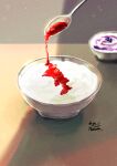  airihanezora artist_name bowl clip_studio_paint_(medium) food food_focus highres no_humans original pouring spoon strawberry_syrup table yogurt 
