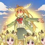  6+girls :3 :d ahoge animal_ears black_skirt blonde_hair blue_sky blush bocchi_the_rock! bow bowtie clone collared_shirt commentary deer_ears detached_ahoge green_jacket highres horns ijichi_nijika jacket long_hair long_sleeves looking_at_viewer multiple_girls myjet open_clothes open_jacket outstretched_arms pleated_skirt red_bow red_bowtie red_eyes shirt side_ponytail sidelocks skirt sky smile spread_arms white_shirt 