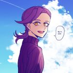  1boy blue_sky braid braided_ponytail clouds commentary_request freckles from_side jojo_no_kimyou_na_bouken korean_text looking_at_viewer male_focus open_mouth orange_eyes profile purple_hair purple_sweater ribbed_sweater sempon_(doppio_note) sky smile solo sweater translation_request turtleneck turtleneck_sweater upper_body vento_aureo vinegar_doppio 