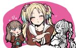  3girls :o =_= ^_^ anyoji_hime aqua_neckerchief blonde_hair blowing_kiss blue_hair blunt_bangs blush border brown_dress brown_hair closed_eyes collarbone dress flower fujishima_megumi gradient_hair hair_flower hair_ornament hair_ribbon hands_on_own_cheeks hands_on_own_face hasu_no_sora_school_uniform heart highres jacket kouhou_ato light_blue_hair link!_like!_love_live! long_hair long_sleeves love_live! mira-cra_park! multi-tied_hair multicolored_hair multiple_girls neckerchief open_clothes open_jacket osawa_rurino parted_bangs partially_colored pink_background pink_flower ponytail red_neckerchief ribbon sailor_collar sailor_dress school_uniform so_moe_i&#039;m_gonna_die! swept_bangs teeth twintails two_side_up upper_teeth_only v-shaped_eyebrows very_long_hair violet_eyes virtual_youtuber wavy_mouth white_border white_sailor_collar winter_uniform 