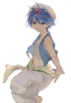  1boy aladdin_(magi) arabian_clothes baggy_pants blue_eyes blue_hair braid child cropped_vest forehead_jewel highres jewelry kimuo_(kimo0) long_hair looking_at_viewer magi_the_labyrinth_of_magic male_focus midriff outstretched_hand pants sarashi simple_background single_braid smile turban vest white_background 