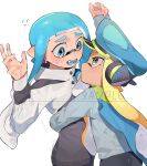  2girls agent_3_(splatoon) arms_up blonde_hair blue_eyes blue_hair blush commentary commission hat highres hug inkling inkling_girl inkling_player_character jacket lazy_fish long_hair multiple_girls open_mouth peaked_cap pointy_ears sample_watermark simple_background splatoon_(series) splatoon_3 sweat teeth tentacle_hair watermark white_background white_jacket yellow_eyes 