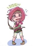  1girl asymmetrical_gloves bow_(weapon) crying crying_with_eyes_open fire_emblem fire_emblem:_the_sacred_stones gloves headband highres holding holding_bow_(weapon) holding_weapon hood hood_down kzktktkr looking_at_viewer neimi_(fire_emblem) open_mouth pink_eyes pink_hair pink_hood tearing_up tears translation_request two-tone_headband weapon yellow_gloves 