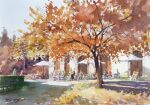  6+others arch autumn autumn_leaves building cafe chair multiple_others nara_watercolor original painting_(medium) sitting table traditional_media tree umbrella watercolor_(medium) 