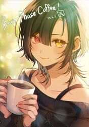  1girl black_bra black_hair black_sweater blonde_hair blunt_bangs bra coffee_cup colored_inner_hair cup disposable_cup ear_piercing earrings heterochromia holding holding_cup jewelry kannagi_loki kannagi_loki_(artist) light_smile looking_at_viewer medium_hair multicolored_hair off-shoulder_sweater off_shoulder parted_bangs phase_connect piercing red_eyes sidelocks sweater two-tone_hair underwear virtual_youtuber yellow_eyes 
