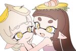  2girls :d bare_shoulders callie_(splatoon) closed_mouth cousins cross-shaped_pupils dot_nose fang food food_on_head fruit grey_hair highres lemon lemon_slice long_hair marie_(splatoon) mole mole_under_eye multiple_girls object_on_head official_alternate_costume oyster plum0o0 pointy_ears short_eyebrows short_hair simple_background smile splatoon_(series) splatoon_3 suspenders symbol-shaped_pupils tentacle_hair white_background yellow_eyes 