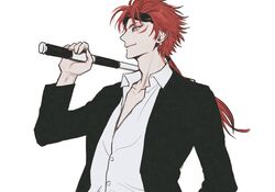  1boy baton_(weapon) black_jacket closed_mouth collared_shirt facial_mark facing_to_the_side final_fantasy final_fantasy_vii goggles goggles_on_head holding_baton_(weapon) hxxnuat jacket low_ponytail male_focus over_shoulder redhead reno_(ff7) shirt short_hair_with_long_locks smile solo spiky_hair suit_jacket upper_body weapon weapon_over_shoulder white_background white_shirt 