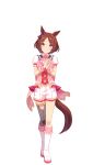  1girl animal_ears ascot bad_link bow bowtie brown_hair flower_in_eye game_model highres horse_ears horse_girl horse_tail kneehighs looking_at_viewer official_art own_hands_together parted_bangs pink_ascot pink_eyes puffy_short_sleeves puffy_sleeves sakura_laurel_(umamusume) shirt short_hair short_sleeves shorts signature simple_background single_kneehigh single_sock smile socks solo symbol_in_eye tachi-e tail transparent_background tsurime umamusume white_footwear white_shorts wrist_cuffs 