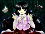  1girl black_hair bow bowtie branch brown_eyes closed_mouth cowry_shell houraisan_kaguya jeweled_branch_of_hourai long_hair long_sleeves looking_at_viewer lowres medinki official_style outstretched_arms parted_bangs pink_shirt red_skirt shirt skirt smile solo touhou very_long_hair white_bow white_bowtie wide_sleeves zun_(style) 
