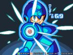 1boy absurdres aiming aiming_at_viewer arm_cannon blue_bodysuit blue_eyes blue_helmet bodysuit cowboy_shot dated english_commentary helmet highres jesse_jat male_focus mega_buster mega_man_(character) mega_man_(series) mega_man_day pixel_art powering_up solo translation_request weapon 