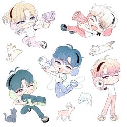  5boys :&lt; :3 aiming aiming_at_viewer alpaca animal backpack bag bamby_(plave) bird black_cat black_pants blonde_hair blue_eyes blue_hair blue_pants blush bow bowtie cat chick commentary deer deformed dolphin dual_wielding eunho_(plave) fangs green_hair grey_eyes gun hamin_(plave) headphones highres holding holding_water_gun jumping knee_up male_focus mole mole_under_eye multicolored_hair multiple_boys noah_(plave) nunu_524 one_eye_closed open_mouth pants parted_bangs pink_bow pink_bowtie pink_hair pink_pants ponytail shirt shoes short_ponytail short_sleeves simple_background sneakers standing standing_on_one_leg t-shirt tsurime two-tone_hair violet_eyes water_gun weapon white_background white_hair white_shirt wolf yejun_(plave) 