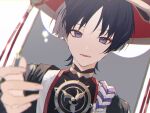  1boy bishounen blurry blurry_foreground genshin_impact hat highres japanese_clothes jewelry male_focus necklace open_mouth purple_hair reaching reaching_towards_viewer scaramouche_(genshin_impact) short_hair simple_background solo upper_body violet_eyes white_background xmayo0x 
