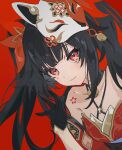  1girl bell black_choker black_gloves black_hair butterfly-shaped_pupils choker collarbone dress flower_tattoo fox_mask gloves halterneck hand_up honkai:_star_rail honkai_(series) long_hair looking_at_viewer mask mask_on_head neck_bell o-ring red_background red_dress red_eyes solo sparkle_(honkai:_star_rail) symbol-shaped_pupils tattoo twintails upper_body uxixe waving 