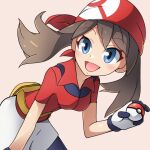  1girl :d bandana blue_eyes brown_hair fanny_pack gloves holding holding_poke_ball looking_at_viewer may_(pokemon) open_mouth poke_ball poke_ball_(basic) pokemon pokemon_(anime) pokemon_rse_(anime) red_bandana red_shirt roy_payne shirt short_sleeves shorts smile solo white_background 