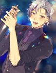  1boy blurry blurry_background bottle collared_shirt dress_shirt ear_piercing earrings eyeliner formal fuwa_minato fuwa_minato_(2nd_costume) grey_hair highres holding holding_bottle jacket jewelry lens_flare lens_flare_abuse light_blush light_particles looking_at_viewer makeup multicolored_hair necktie nijisanji open_mouth piercing purple_hair purple_jacket purple_necktie purple_shirt purple_vest red_eyeliner sake_kasu_big shirt short_hair sleeves_rolled_up smile streaked_hair teeth tsurime upper_body upper_teeth_only vest violet_eyes waistcoat 