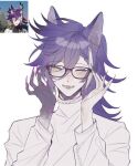  1boy adjusting_eyewear animal_ear_fluff animal_ears banzoin_hakka bishounen black-framed_eyewear blush closed_eyes commentary facing_viewer game_screenshot_inset gradient_skin hair_between_eyes hands_up happy highres holostars holostars_english long_hair long_sleeves male_focus multicolored_hair open_mouth ponytail purple_hair reference_inset sakiaoba smile solo streaked_hair sweater turtleneck turtleneck_sweater upper_body virtual_youtuber white_background white_hair white_sweater 