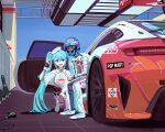  absurdres beret black_gloves black_thighhighs blue_eyes blue_hat blue_helmet braid breasts brown_eyes cable capelet car dress fingerless_gloves gloves goodsmile_racing hat hatsune_miku helmet highres jumpsuit logo long_hair mercedes-benz mercedes-benz_amg_gt motor_vehicle necktie race_vehicle racecar racing_miku racing_miku_(2023) real_life shoes small_breasts sneakers spoiler_(automobile) sponsor squatting subo_illust super_gt taniguchi_nobuteru thigh-highs twintails v very_long_hair vocaloid white_capelet white_dress white_footwear white_hat white_jumpsuit white_necktie 