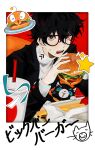  1boy absurdres amamiya_ren black-framed_eyewear black_cat black_eyes black_hair black_jacket burger cat cheese cup disposable_cup drinking_straw elbow_gloves fast_food food food_on_face food_wrapper french_fries glasses gloves hair_between_eyes highres holding holding_burger holding_food jacket lettuce long_sleeves looking_at_viewer male_focus morgana_(persona_5) open_mouth persona persona_5 plate polaroid school_uniform shirt short_hair shuujin_academy_school_uniform sijia_(jd5vlp) solo sweat tomato tomato_slice turtleneck white_shirt 