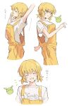  1girl :d ^_^ blonde_hair breasts cagalli_yula_athha closed_eyes ebifry_5 gundam gundam_seed gundam_seed_destiny gundam_seed_freedom haro highres low_twintails shirt short_hair short_twintails smile solo twintails white_background white_shirt yawning yellow_eyes yellow_overalls 