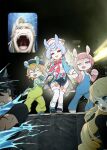  2boys 4girls animal_nose black_hair blonde_hair blue_eyes blue_hair blunt_bangs blurry blurry_foreground brown_hair clenched_teeth concert dancing drill_hair drum drum_set fan_screaming_at_madison_beer_(meme) furrowed_brow furry furry_female genshin_impact gloves grey_hair hair_ears hat highres holding holding_microphone instrument long_hair long_sleeves looking_at_another looking_at_viewer melusine_(genshin_impact) meme microphone motion_blur multicolored_hair multiple_boys multiple_girls navia_(genshin_impact) neuvillette_(genshin_impact) nurse_cap overalls photo_background pink_eyes pink_hair pointy_ears red_eyes scar scar_on_arm screaming sea_slug_girl seanji_sariel shirt shoes short_hair short_sleeves shorts sigewinne_(genshin_impact) signature slug_girl smile sparkle stage stage_lights teeth twintails two-tone_hair very_long_hair water worried wriothesley_(genshin_impact) 