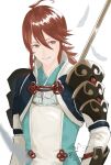  1boy ahoge armor fire_emblem fire_emblem_fates hair_between_eyes holding holding_polearm holding_weapon japanese_armor japanese_clothes looking_to_the_side male_focus polearm ponytail red_eyes redhead solo subaki_(fire_emblem) upper_body weapon yuuyou_(link1357zelda) 
