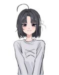 1girl ahoge articularm awa_subaru black_hair blush closed_mouth girls_band_cry grey_sweater grey_t-shirt hair_ribbon long_sleeves looking_at_viewer official_alternate_hairstyle parted_bangs ribbon short_hair simple_background solo upper_body violet_eyes white_background white_ribbon