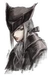  1girl absurdres ascot bloodborne close-up hanny_(uirusu_chan) hat highres lady_maria_of_the_astral_clocktower long_hair looking_at_viewer ponytail signature simple_background solo tricorne white_background white_hair 