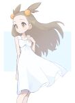  1girl brown_eyes brown_hair dress eyelashes floating_hair hand_up highres jasmine_(pokemon) knees long_hair looking_to_the_side noi_(noi_pk27) parted_lips pokemon pokemon_gsc sleeveless sleeveless_dress solo two_side_up white_dress 
