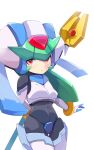  1girl arm_behind_back armor cowboy_shot crotch_plate green_hair highres holding holding_staff looking_at_viewer mega_man_(series) mega_man_zx model_w_(mega_man) pandora_(mega_man) power_armor red_eyes simple_background solo staff teto_(y3832) white_armor white_background white_helmet 