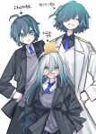  3girls :o ^_^ absurdres ahoge aqua_eyes aqua_hair black_jacket blue_necktie blush bright_pupils closed_eyes coat commentary_request female_sensei_(blue_archive) grey_hair grey_vest hair_between_eyes hair_over_one_eye highres jacket long_hair long_hair_between_eyes looking_at_another multicolored_hair multiple_girls multiple_persona necktie one_eye_covered oversized_clothes rectangular_pupils sensei_(blue_archive) shirt short_hair simple_background smile streaked_hair teeth translation_request upper_teeth_only very_long_hair vest vivo_(vivo_sun_0222) white_background white_coat white_pupils white_shirt 