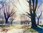 bare_tree day didi_daisukedoi gazebo grass highres no_humans orange_sky original painting_(medium) park shadow shelter sky sunlight traditional_media tree watercolor_(medium) 