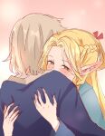  2girls blonde_hair blue_robe blush braid bright_pupils commentary dungeon_meshi ear_blush elf english_commentary falin_touden falin_touden_(tallman) french_braid green_eyes hair_ribbon hands_on_another&#039;s_back highres hug light_brown_hair light_particles lisedraw long_hair marcille_donato multiple_girls pink_background pointy_ears red_ribbon ribbon robe short_hair upper_body white_pupils yuri 