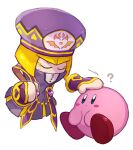  1girl :o ? beads beret blonde_hair blue_eyes blunt_ends blush blush_stickers bob_cut chiimako closed_eyes commentary_request covered_mouth dress eyeliner hand_on_another&#039;s_head hat headpat heart kirby kirby:_star_allies kirby_(series) looking_at_another makeup motion_lines purple_dress purple_hat rayman_limbs short_hair simple_background standing sweatdrop white_background yellow_eyeliner zan_partizanne 