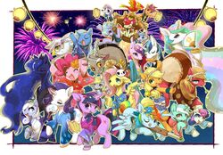  angel_(my_little_pony) animal animal_focus apple_bloom applejack big_macintosh bonbon_(my_little_pony) border cadance_(my_little_pony) celestia_(my_little_pony) clothed_animal cloudchaser commentary_request derpy_hooves discord_(my_little_pony) everyone fireworks flitter fluttershy gilda_(my_little_pony) griffin happy holding horns lantern luna_(my_little_pony) lyra_heartstrings my_little_pony my_little_pony:_friendship_is_magic night no_humans original philomena_(my_little_pony) pinkie_pie rainbow_dash rarity_(my_little_pony) scootaloo shining_armor single_horn sky smile snowdrop_(silly_filly_studios) spitfire_(my_little_pony) standing summer_festival sweetie_belle trixie_lulamoon twilight_sparkle white_border yoo_oona 