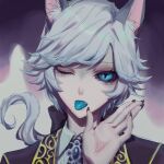  1boy absurdres animal_ear_fluff animal_ears black_bow black_jacket black_nails black_sclera blue_eyes blue_tongue bow cat_boy cat_ears colored_sclera colored_tongue commentary_request fang fingernails floating_hair grey_hair hair_bow hand_up highres identity_v jacket jiz_(pffbq) joseph_desaulniers joseph_desaulniers_(moonlight_gentleman) looking_at_viewer low_ponytail male_focus one_eye_closed sharp_fingernails slit_pupils solo tongue tongue_out upper_body 