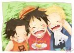  3boys ^_^ aged_down ascot bandaid bandaid_on_face black_hair blonde_hair blue_coat border child closed_eyes coat commentary_request dated freckles happy hat highres male_focus missing_tooth monkey_d._luffy multiple_boys one_piece open_mouth orange_tank_top portgas_d._ace red_tank_top sabo_(one_piece) scar scar_on_face short_hair signature straw_hat tank_top tuikai_ruby upper_body white_ascot white_border 