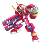  1boy absurdres android archived_source armor bodysuit breastplate clenched_teeth fighting_fefnir_(mega_man) fighting_stance full_body gun highres holding holding_weapon horns legs_apart looking_at_viewer male_focus mega_man_(series) mega_man_zero_(series) mega_man_zero_1 nakayama_tooru official_art red_armor red_bodysuit red_eyes red_helmet simple_background solo standing teeth transparent_background two-tone_bodysuit weapon white_bodysuit 