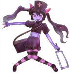  1girl :d bag between_fingers black_hair black_shirt black_thighhighs bmp-to-png_conversion chrome_(mon-musu_quest!) colored_skin crop_top cross demon_girl evil_smile full_body game_cg glowing_horns hacksaw hair_between_eyes hat holding holding_syringe horizontal-striped_thighhighs horns knees_together_feet_apart long_hair looking_at_viewer lowres midriff mon-musu_quest! navel non-web_source nurse_cap open_mouth outstretched_arms pink_eyes pink_horns pink_thighhighs puffy_short_sleeves puffy_sleeves purple_footwear purple_skin red_cross ringed_eyes saw shirt short_sleeves shorts shoulder_bag simple_background smile solo striped_clothes striped_thighhighs suspender_shorts suspenders syringe thigh-highs transparent_background twintails un_do v-shaped_eyebrows v-shaped_eyes 